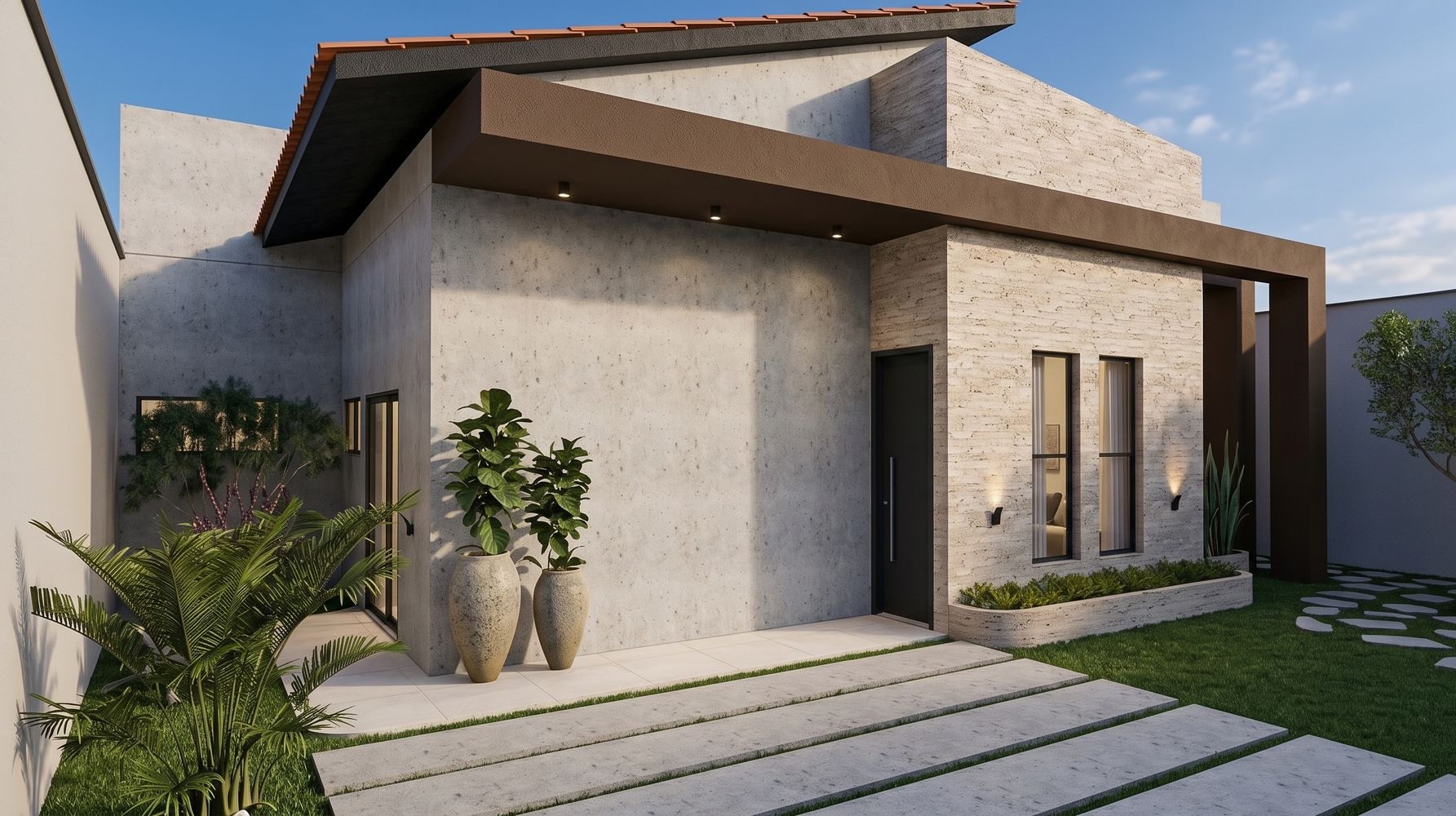 Fachada de residência térrea com pedra, concreto e jardim
